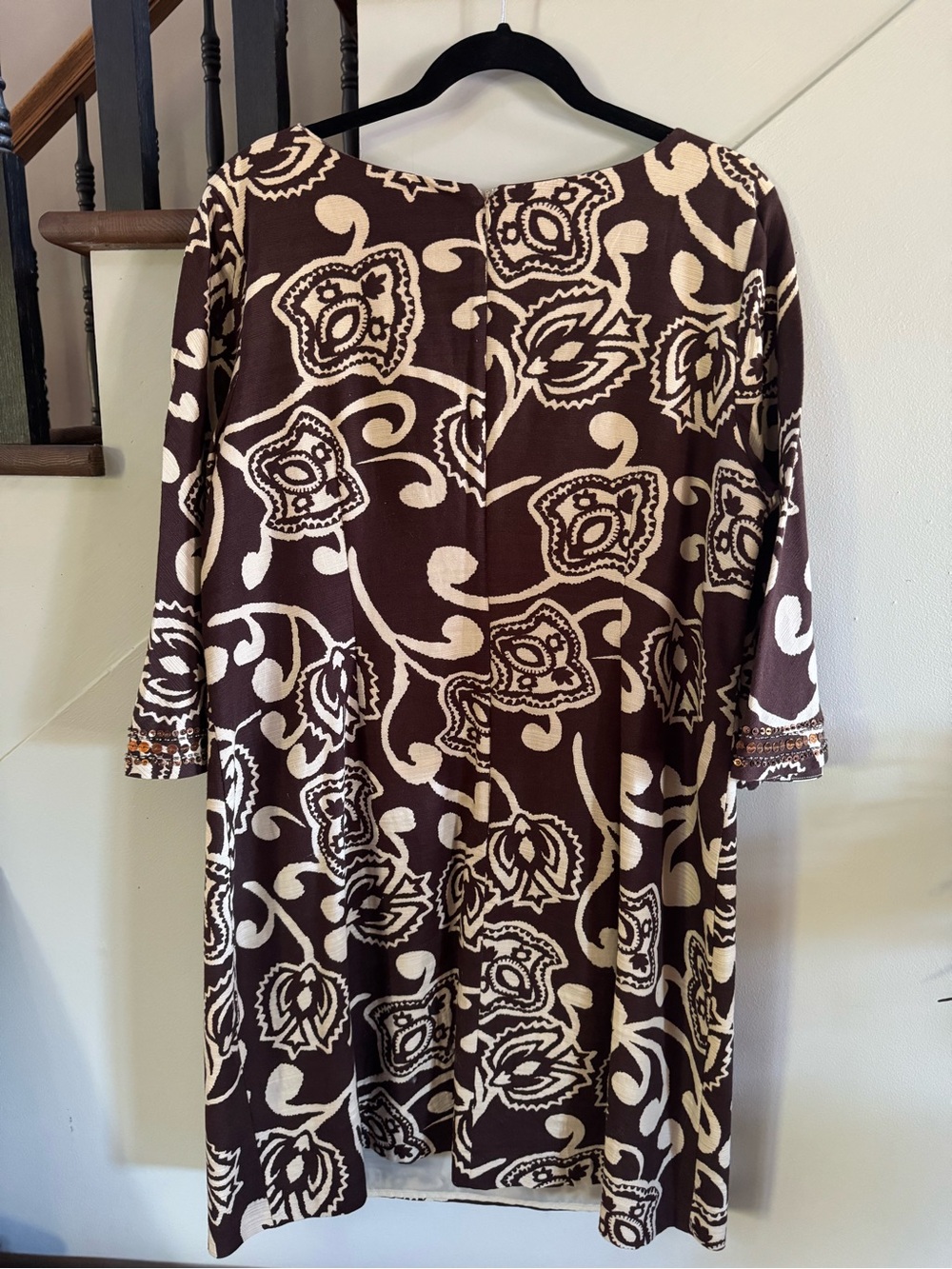 Women’s Brown & Cream Floral Tunic Dress with Embellished Neckline - Picture 7 of 10